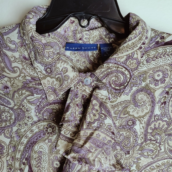 Karen Scott Ruffle Front Bell Sleeves Paisley Button Down Blouse, Sz L - Picture 6 of 9